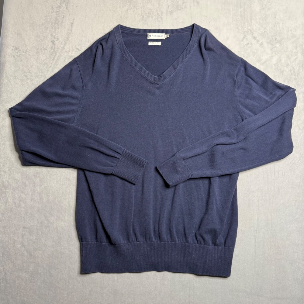 Peter Millar Crown Sweater Men's Large‎ Blue Silk Cashmere Blend V Neck Golf